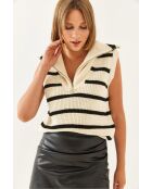Pull sans manches rayé col marinière crème/noir