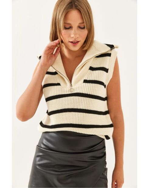Pull sans manches rayé col marinière crème/noir