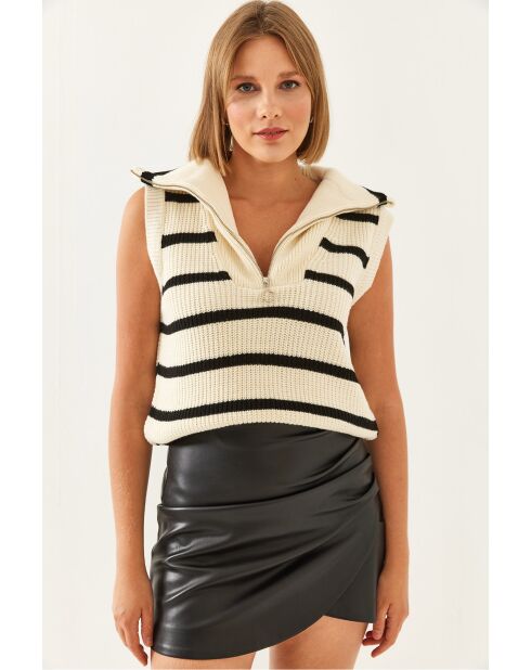 Pull sans manches rayé col marinière crème/noir