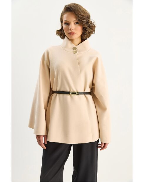 Poncho avec ceinture et boutons dorés col montant beige