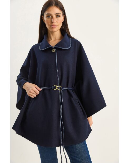 Cape à poches ceinturée en similicuir bleu marine