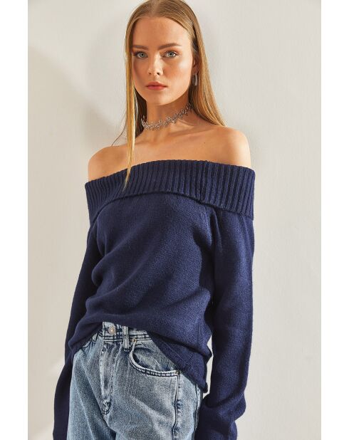 Pull en maille à col madonna bleu marine