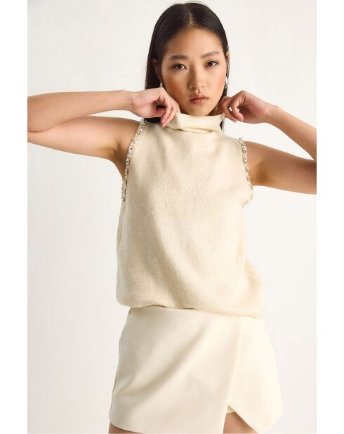 Pull sans manches à col roulé mi/long avec détails en pierre crème