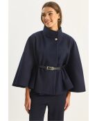 Poncho con cintura e bottoni in oro blu marino