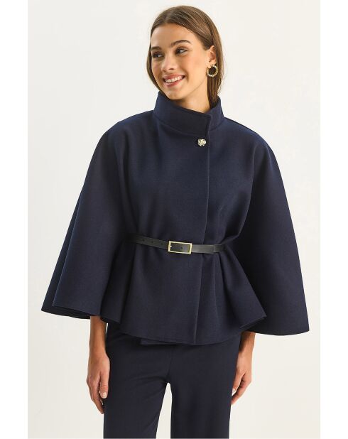 Poncho con cintura e bottoni in oro blu marino