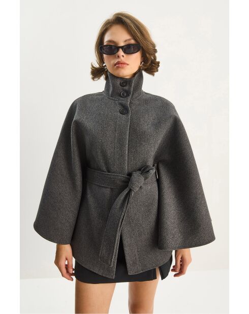 Poncho de mezcla de lana de cuello alto con cinturón antracita