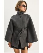 Poncho en laine mélangée ceinturé à col montant anthracite