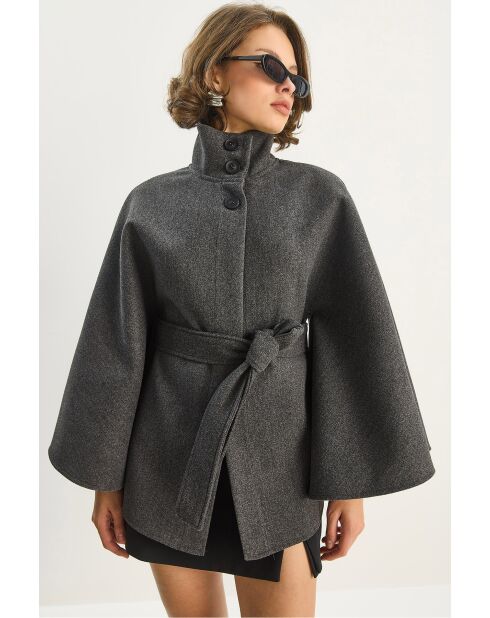 Poncho de mezcla de lana de cuello alto con cinturón antracita