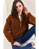 Pull en maille à col roulé boutonné brun