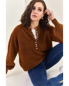 Pull en maille à col roulé boutonné brun