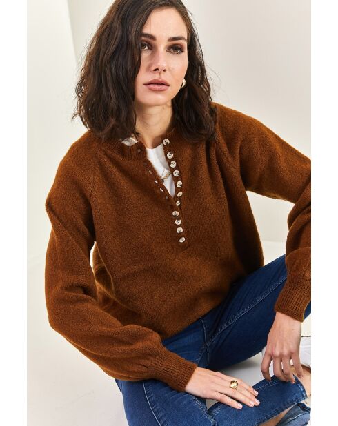 Pull en maille à col roulé boutonné brun