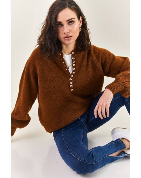 Pull en maille à col roulé boutonné brun