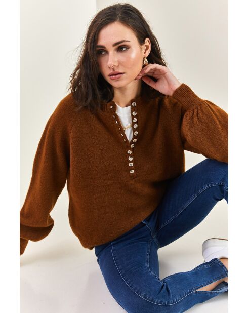 Pull en maille à col roulé boutonné brun