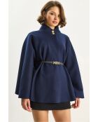 Poncho avec ceinture et boutons dorés col montant bleu marine