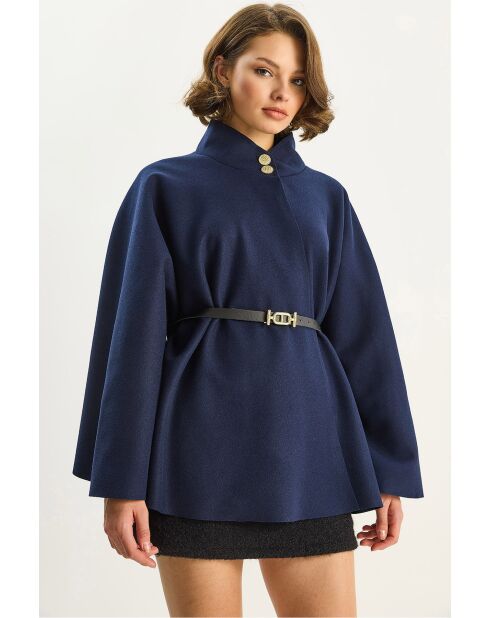 Poncho avec ceinture et boutons dorés col montant bleu marine