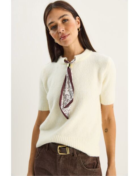 Pull en maille à manches courtes avec détail foulard crème