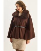 Poncho ceinturé en laine mélangée avec col en peluche brun amer