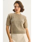 Pull en maille à manches courtes brodé de fleurs beige foncé