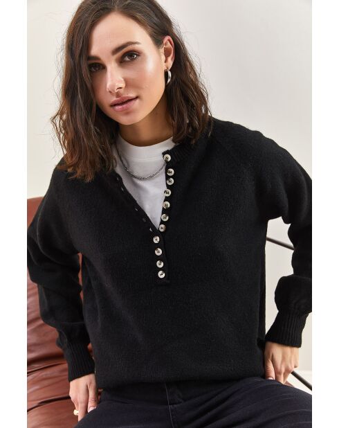 Maglione in maglia a collo alto con bottoni nero opaco