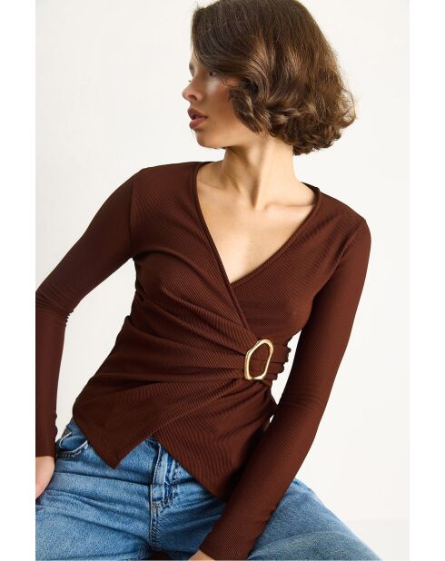 Langärmliges Top mit Wickelkragen und pflaumengoldenen Details