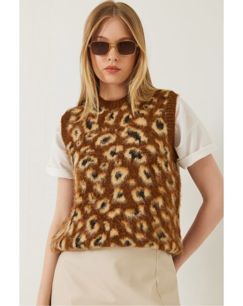 Pull sans manches en polaire à imprimé léopard brun/camel