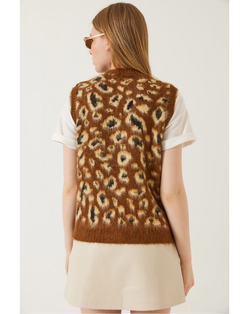 Pull sans manches en polaire à imprimé léopard brun/camel