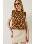 Pull sans manches en polaire à imprimé léopard brun/camel