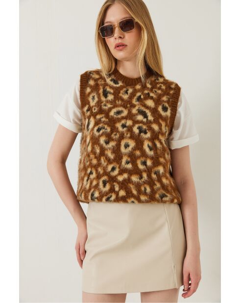 Pull sans manches en polaire à imprimé léopard brun/camel
