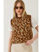 Pull sans manches en polaire à imprimé léopard brun/camel