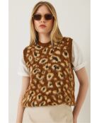 Pull sans manches en polaire à imprimé léopard brun/camel