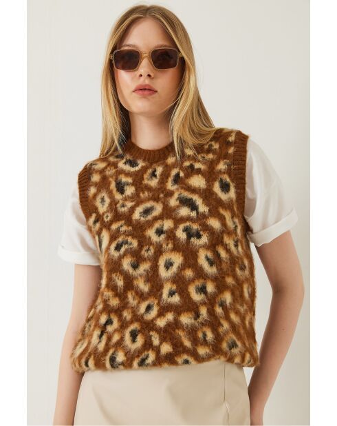 Pull sans manches en polaire à imprimé léopard brun/camel