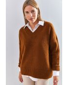 Pull en maille à col V brun