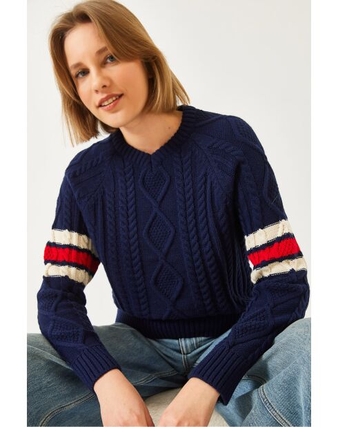 Pull en maille à col V bleu marine