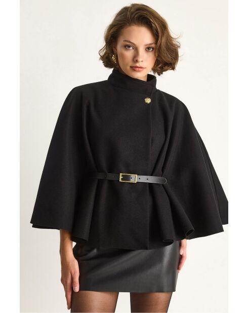 Poncho con cintura e bottoni in oro nero