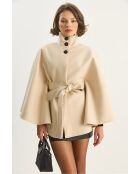 Poncho en laine mélangée ceinturé à col montant crème