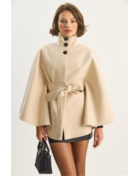 Poncho en laine mélangée ceinturé à col montant crème