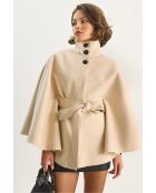 Poncho en laine mélangée ceinturé à col montant crème
