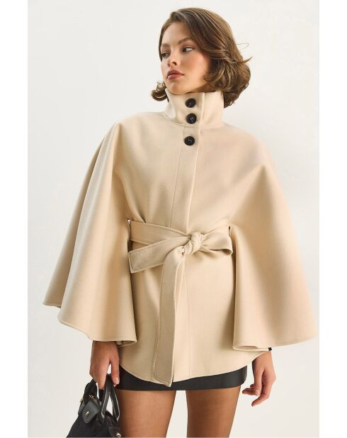 Poncho en laine mélangée ceinturé à col montant crème