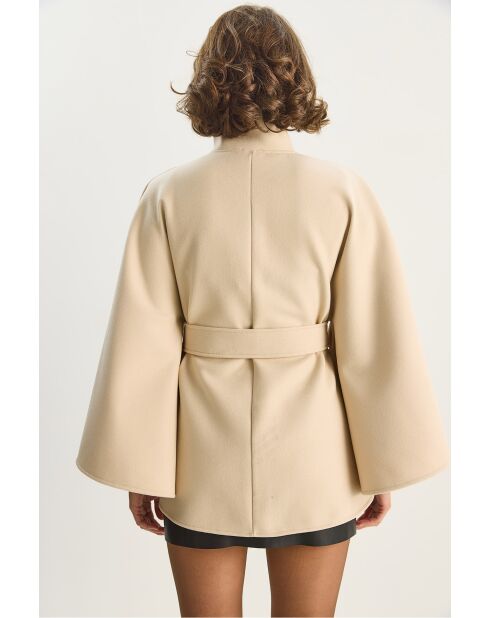Poncho en laine mélangée ceinturé à col montant crème