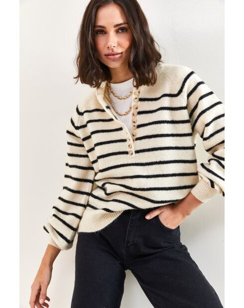 Pull à col roulé rayé avec détails de boutons blanc