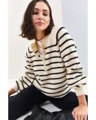 Pull à col roulé rayé avec détails de boutons blanc