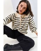 Pull à col roulé rayé avec détails de boutons blanc