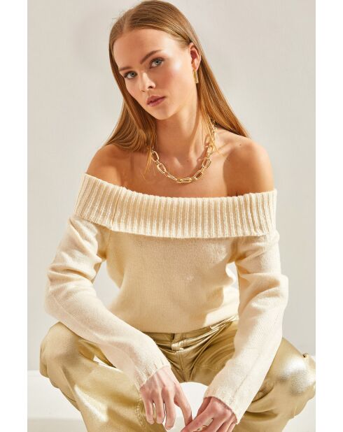 Pull en maille à col madonna écru