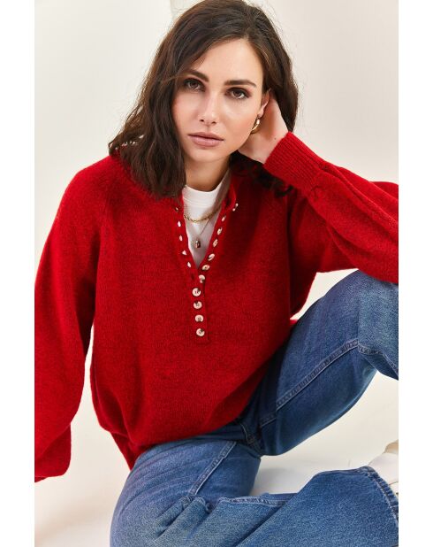 Pull en maille à col roulé boutonné bourgogne