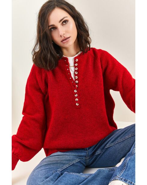 Pull en maille à col roulé boutonné bourgogne