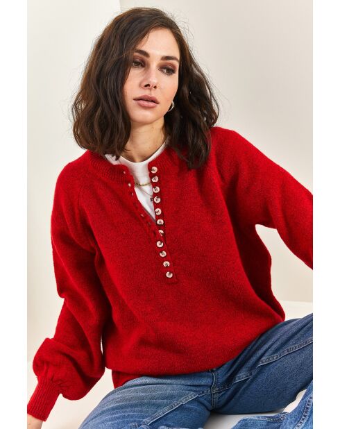 Pull en maille à col roulé boutonné bourgogne