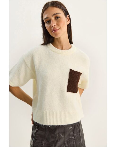 Pull en maille à manches courtes color block avec poches crème