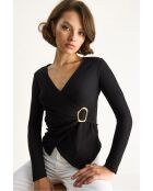 Top à manches longues et col cache-cœur avec détails dorés noir