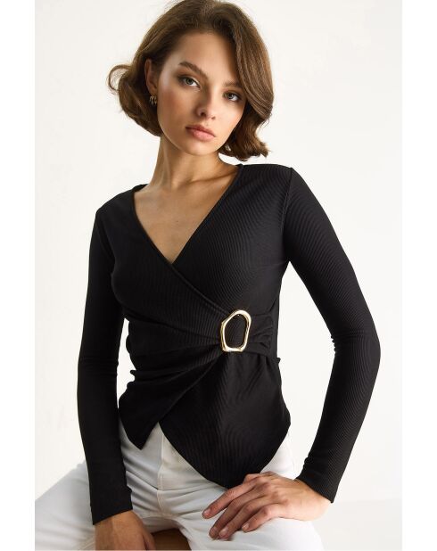Top à manches longues et col cache-cœur avec détails dorés noir