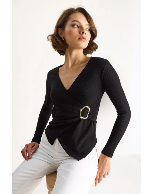 Top à manches longues et col cache-cœur avec détails dorés noir
